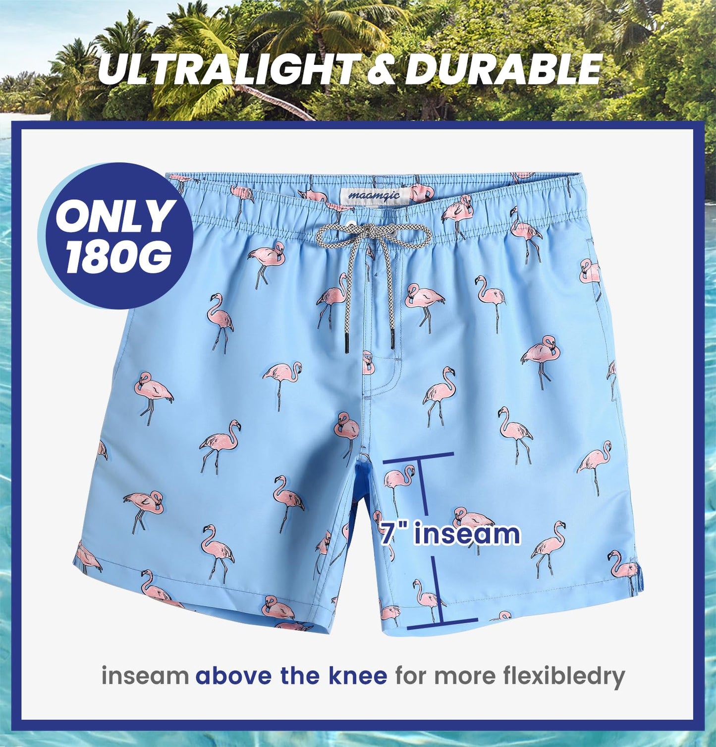 maamgic Mens Swim Trunks Quick Dry Swim Shorts with Mesh Lining Funny Swimwear Bathing Suits 7inch Flamingo Blue Large