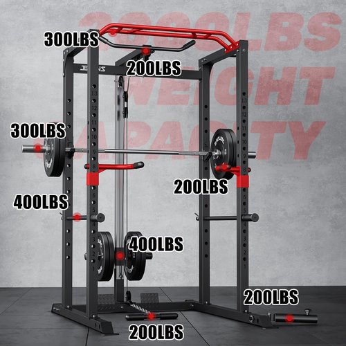 JELENS Power Cage, 2000LBS Multi-Function S11 Power Rack with LAT Pulldown, Squat Rack with Adjustable Pulley System and More Training Attachments, Weight Workout Machine for Home Gym
