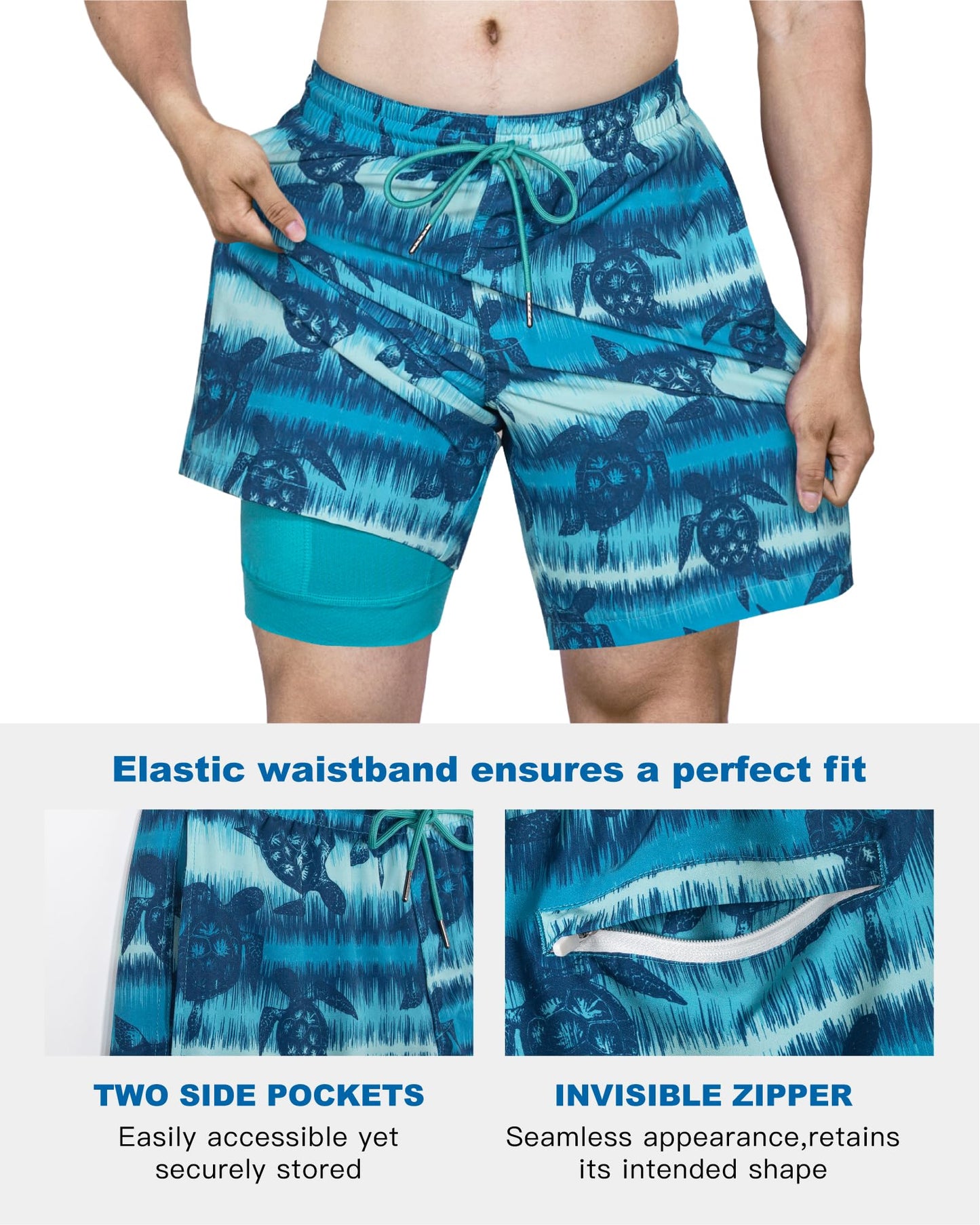 SURF CUZ Mens Swim Trunks with Compression Liner Quick Dry Swim Shorts 7" Swimming Trunks Stretch Bathing Suit Zipper Pockets,Turtle Tide,XS