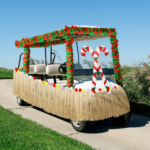 Weysat 8 Pcs Christmas Golf Cart Decorations Kit Hawaiian Leis Red and Green Flower Banner Luau Grass Tropical Car Skirt Candy Canes Balloons for Christmas Golf Cart Parade
