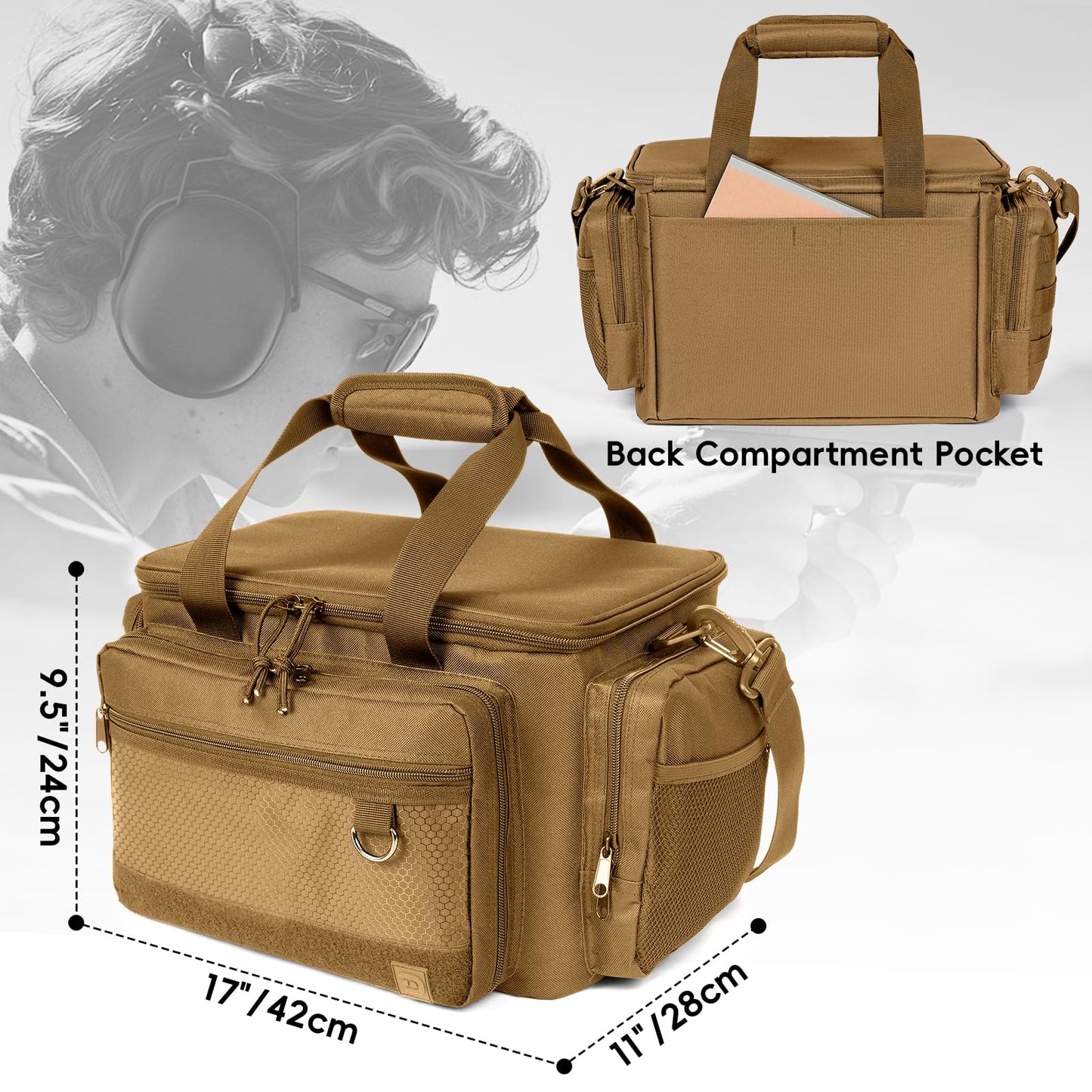 DULCE DOM Tactical Gun Range Bag for Handguns & Pistols - Lockable Compartment, Ammo Storage, Magazine Slots, Durable Range Essentials Bag (KHAKI)