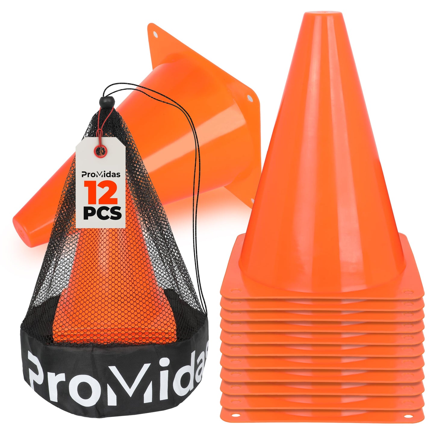 Soccer Cones for Training Kids With Mesh Bag - 7 Inch - Small Traffic Cones for Sports Training - Small Orange Cone - Flexible Conos for Soccer Practice, Basketball, Football Drills (12PCs - Orange)