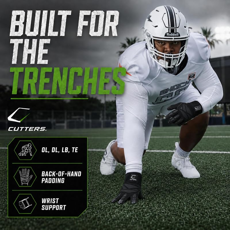 Cutters Force 6.0 Padded Football Gloves for Linemen - Black, Medium