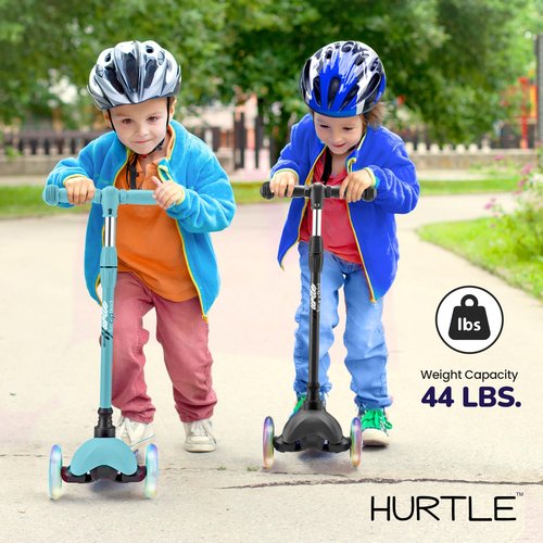 Hurtle Mini Kickboard Scooter for Kids - Height Adjustable 25''-28'', Lightweight 3-Wheel with LED Light-up Wheels, Anti-Slip,Indoor/Outdoor Fun, Micro Scooters for Ages 2-5 (Teal)