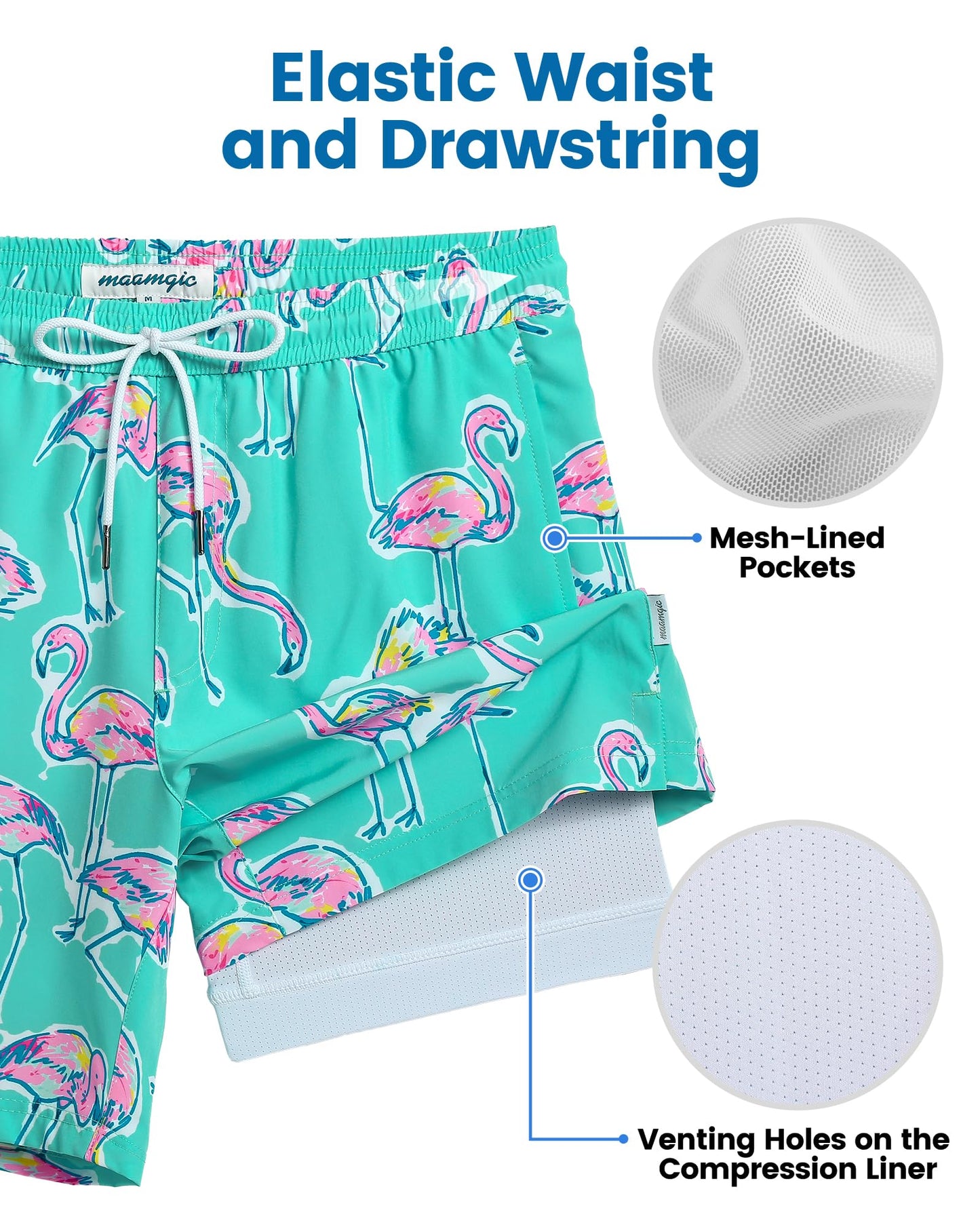 maamgic Mens Swim Trunks with Compression Liner 7 Inch Inseam Mens Bathing Suit Quick Dry Swimming Trunks Swimsuit Flamingo Green and White XX-Large