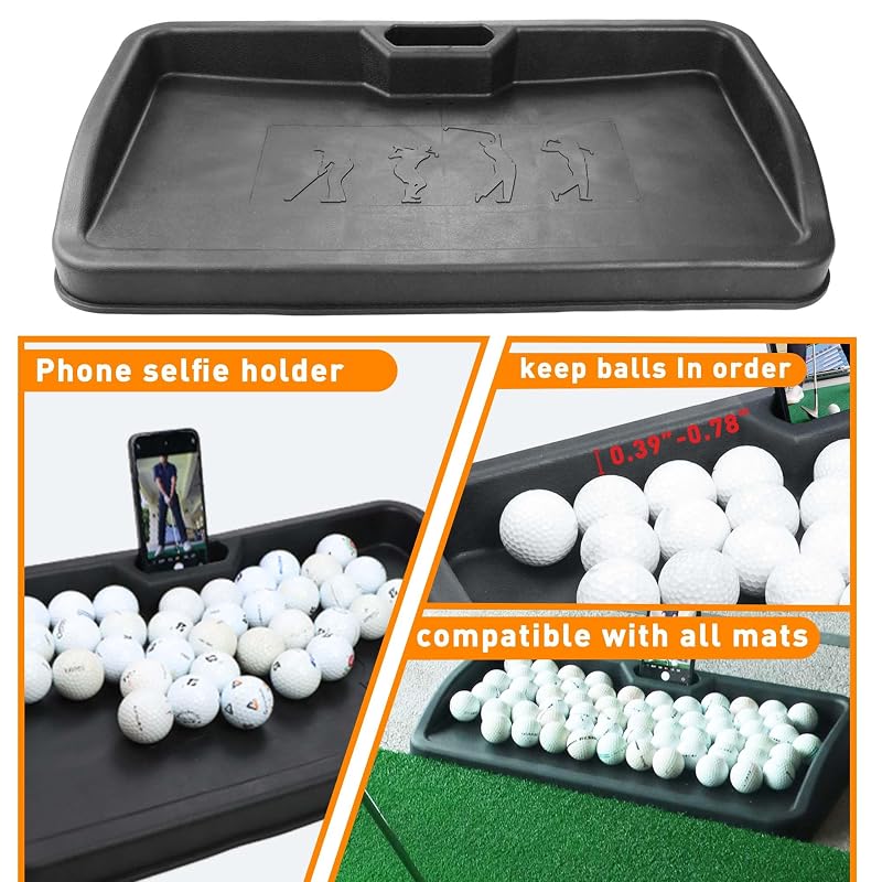 Heavy Duty Golf Ball Tray with Cell Phone Holder, 100 Ball Capacity, Black - Compatible with All Hitting Mats