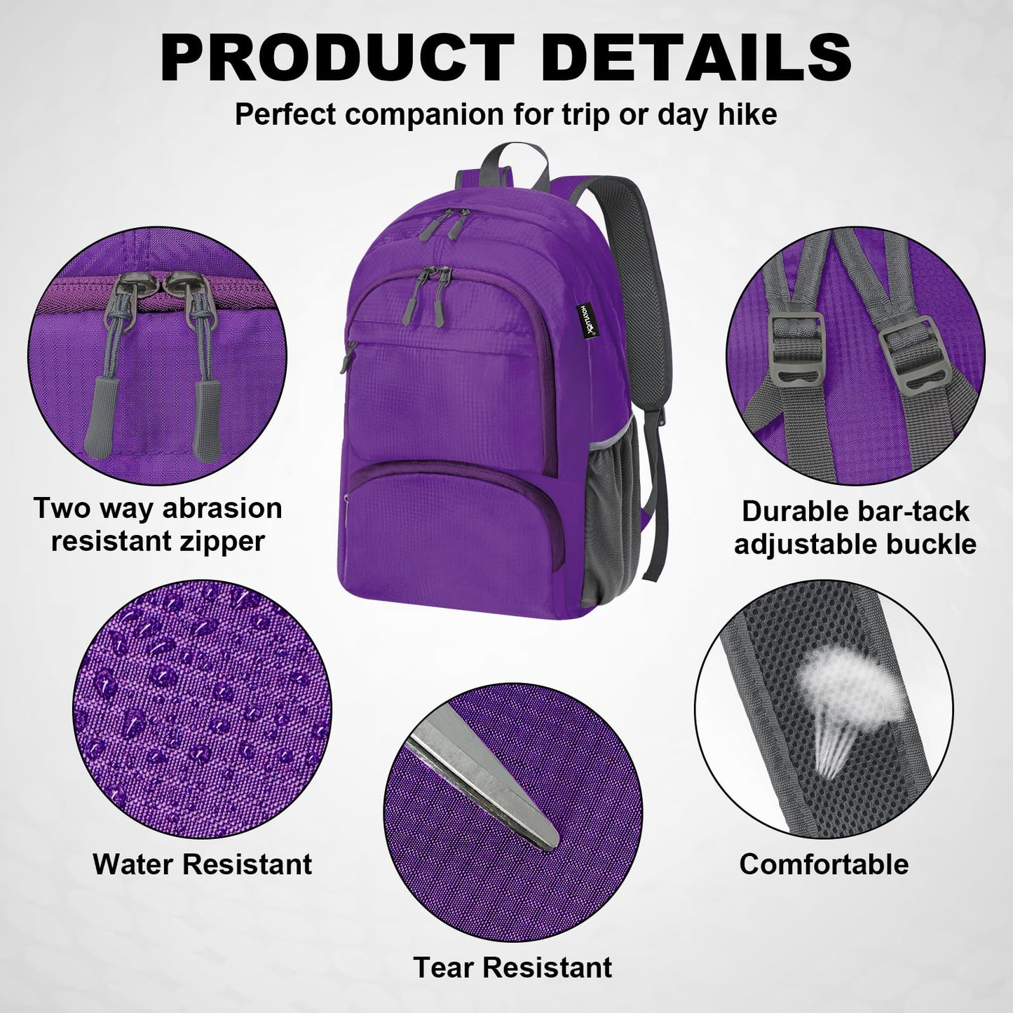 HOLYLUCK 20L Lightweight Packable Hiking Daypack Foldable Backpack for Men Women Small Travel Outdoor Foldable Shoulder Bag-purple