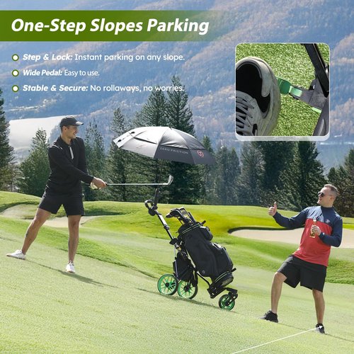 Tedycatt Swivel 3 Wheel Golf Trolley: Quick Fold 360 Push Golf Cart with Cooler Bag, Foot Brake, Drink& Umbrella Holder,Green
