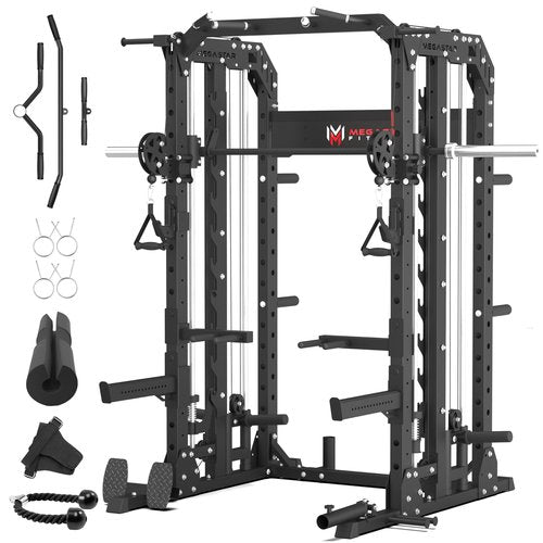 MEGASTAR Smith Machine for Home Gym - 2000lbs Capacity All-in-One Power Rack with Cable Crossover, Pull-Up Bar & Dip Station, Includes 18 Attachments, P107 Anvil Black