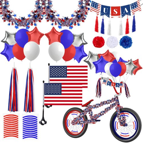 rosulasi 4th of July Bike Decorations 27Pcs Patriotic Parade Bike Streamers Bicycle Ribbon Tassels American Flag Fourth of July Accessories Red White Blue Decorations Independence Day Party Favors
