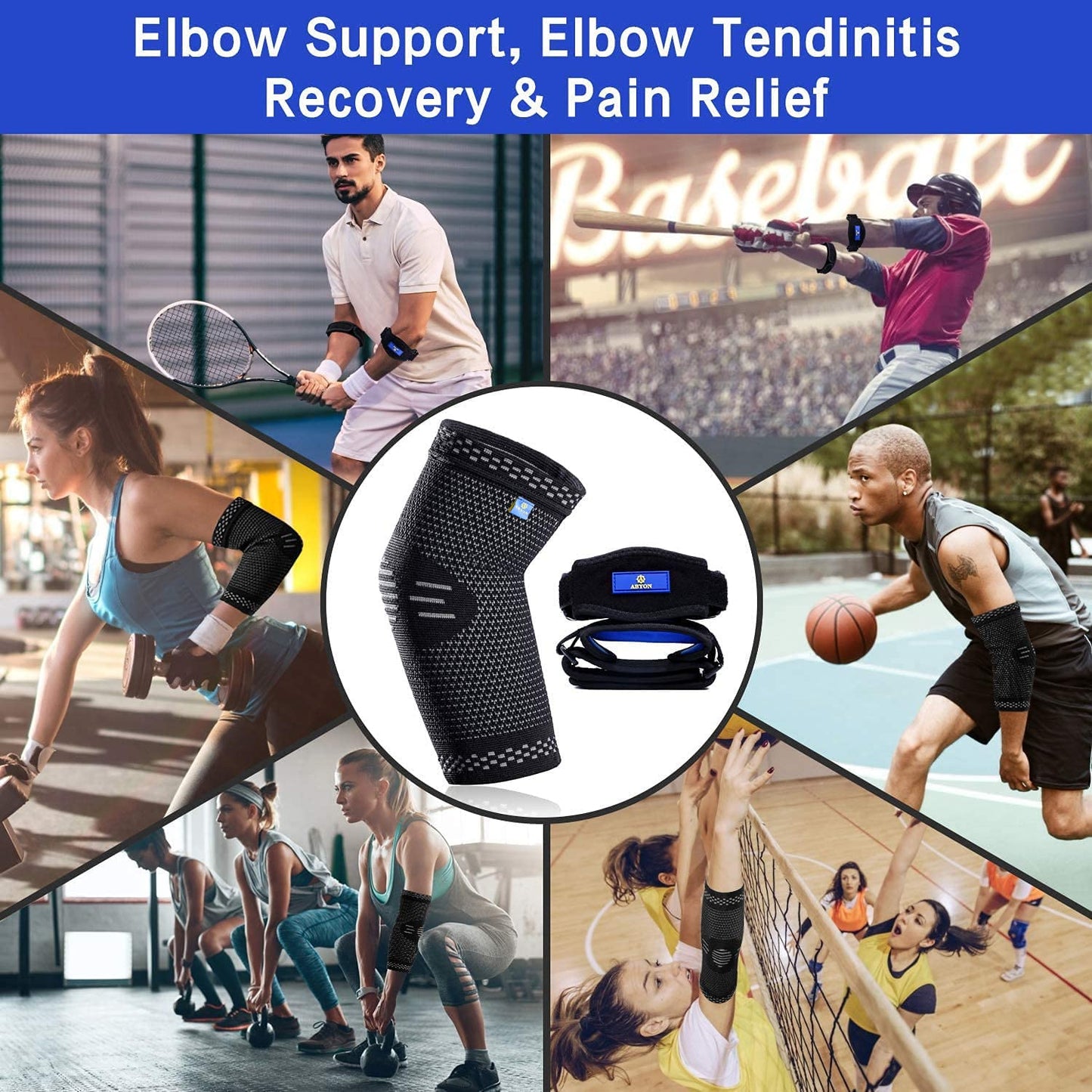 ABYON 3 Pack Professional Medical Grade Elbow Brace - Elbow Compression Sleeve (1pcs)+Tennis Elbow Brace (2pcs),Elbow Support Gear for Sports or Daily Use to Reduce Elbow Pain and Tendonitis | Tennis Elbow | Golfer's Elbow | Arthritis for Men and Women