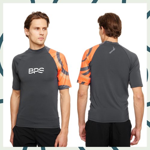 BPS Men's Short Sleeve Swim Shirt/Rash Guard with Sun Protection (Patterned Charcoal Orange, M)
