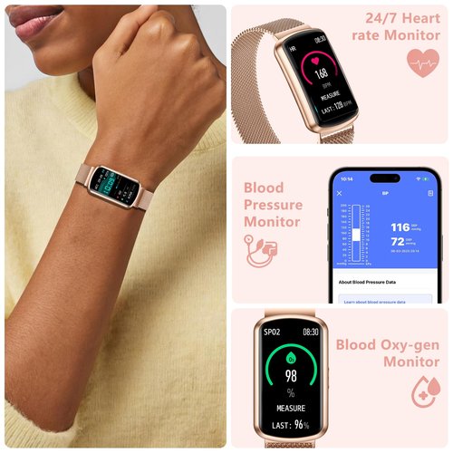 Health Fitness Tracker, Smart Watch with 24/7 Heart Rate and Blood Pressure Monitor, Activity Tracker with Blood Oxygen, 120 Sport Mode Waterproof Sleep Tracker for Women Men (Pink Gold)
