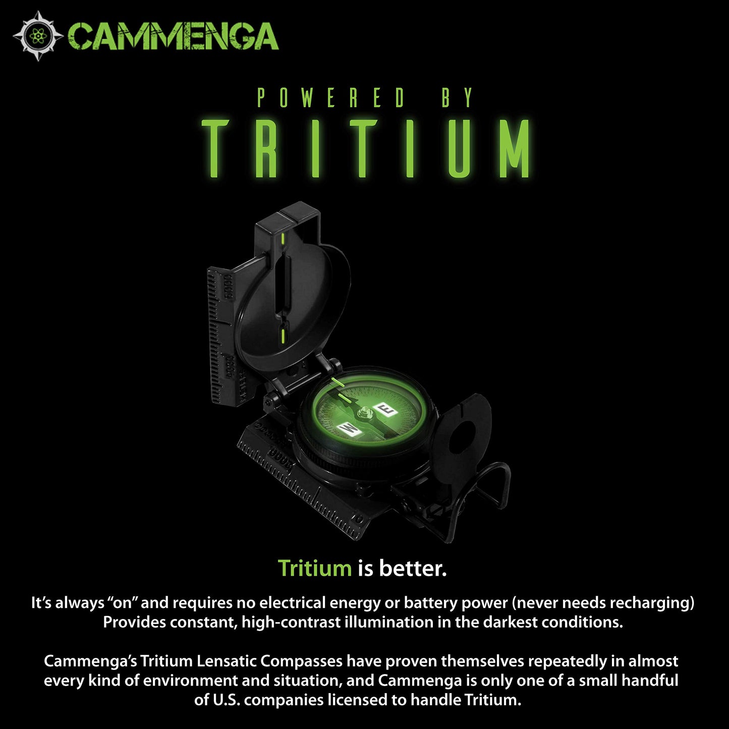 Cammenga Lensatic Tritium Compass - Made in USA Military Compass - Premium Tritium Illuminated Tactical Compass for Land Navigation, Hiking, Survival, Hunting and Backpacking - Black