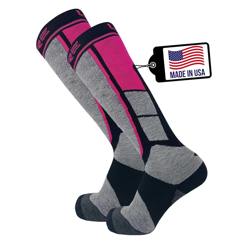 2 Pairs Pure Athlete Alpaca Wool Ski Socks - Neon Pink Large, Made in USA