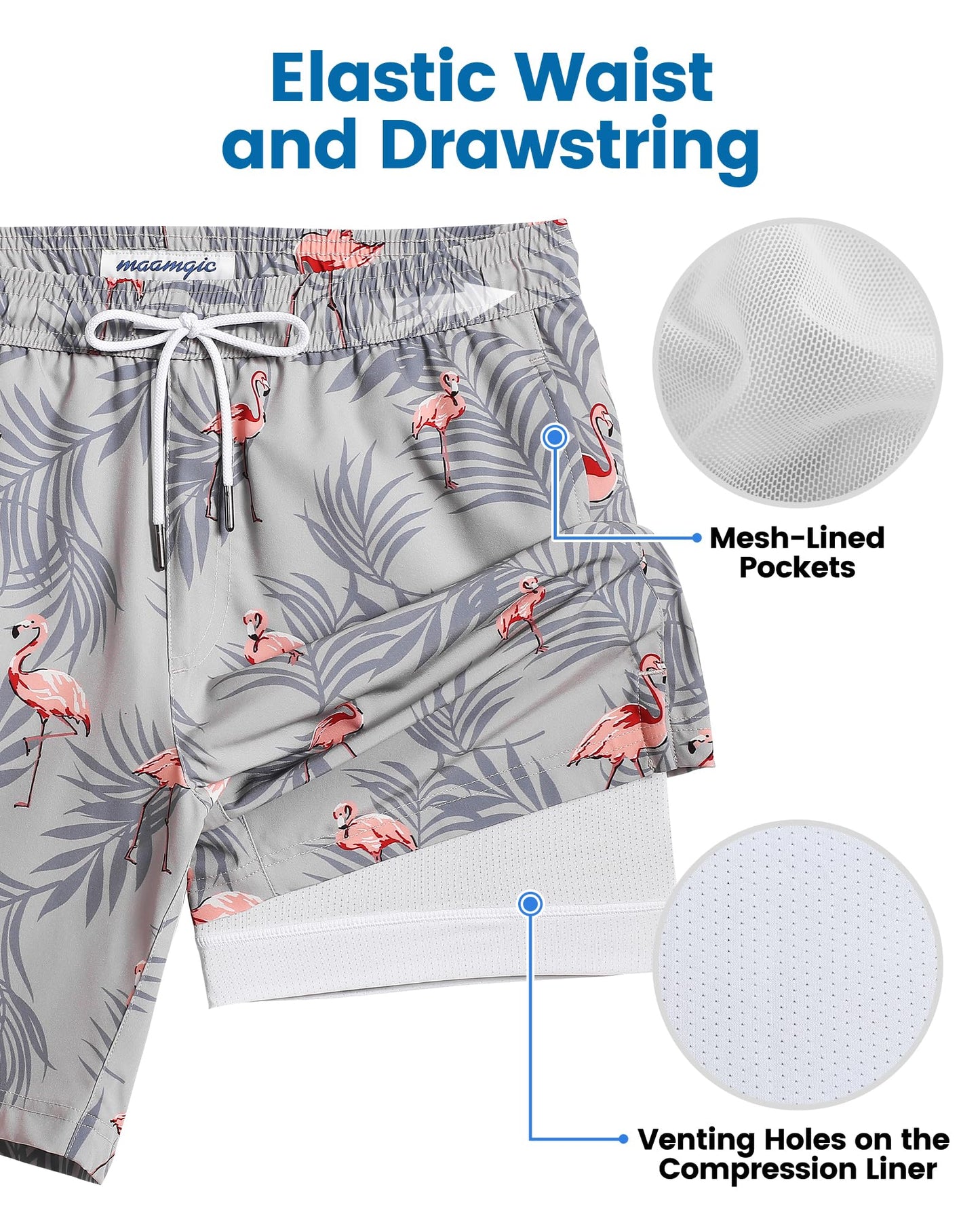 maamgic Mens Swim Trunks with Compression Liner 7 Inch Inseam Mens Bathing Suit Quick Dry Swimming Trunks Swimsuit Flamingo Gray White XX-Large