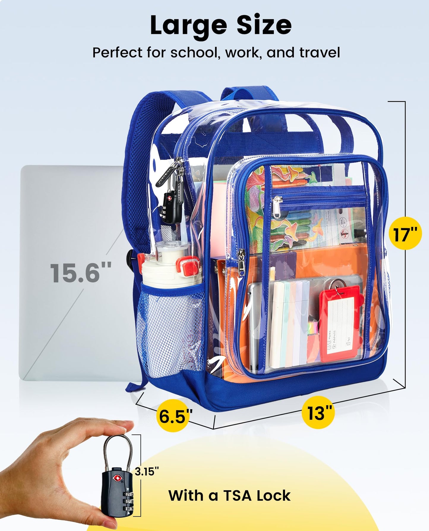 Vorspack Clear Backpack Heavy Duty - Extra Large Clear Backpacks with TSA Lock Transparent See Through Bookbag for Work, College, Travel - Blue