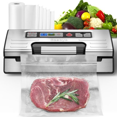 Gasbye Vacuum Sealer Machine, 95kPa Food Sealer with Double Heat Seal for Dry/Moist Food, Easy-lock Handle, Built-in Bag Storage & Cutter, Progress Display, Removable Drip Tray, Silver