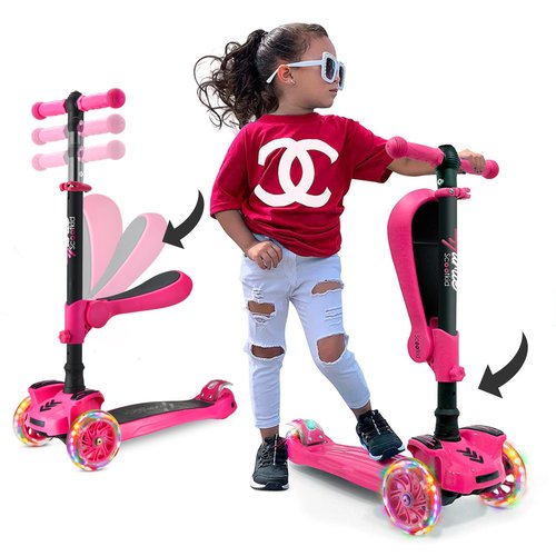 Hurtle Kids Scooter - Child Toddler Kick Scooter Toy with Foldable Seat - 3 Wheel Scooter with Adjustable Height, Anti-Slip Deck, Flashing Wheel Lights, for Boys/Girls 1-12 Year Old, Pink
