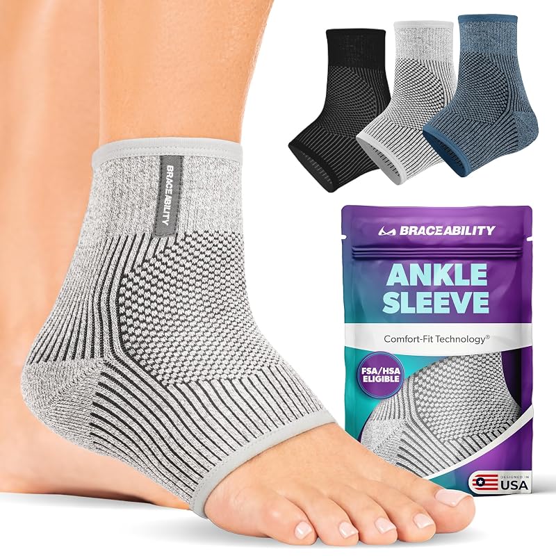 BraceAbility Ankle Compression Sleeve for Peroneal Tendonitis & Plantar Fasciitis – Gray, L/XL