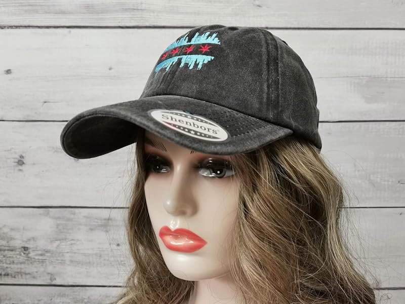 Chicago Illinois Skyline Flag Baseball Cap - Washed Black, Unisex, One Size