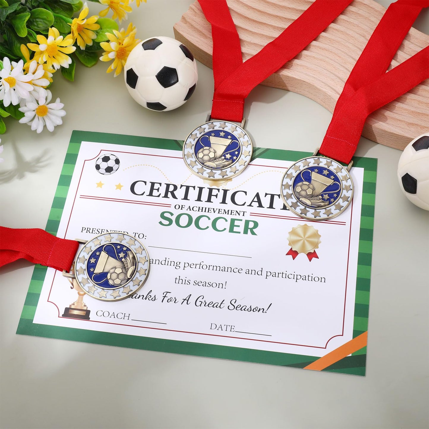 SvkOjmx 12 Pcs Soccer Medals with 12 Pcs Achievement Award Certificates Team Participation Medals with Red Ribbon Metal Champion Award Trophy for Soccer Themed Party Favors Participant Trophy Prize