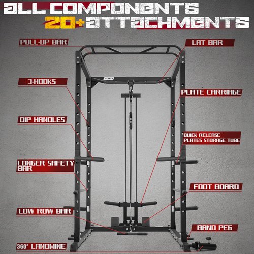 RitFit All-in-One Squat Rack for Home Gym, PPC02C Multi-Function 1000 LBS Capacity Power Cage with LAT Pulldown, Pulley System, Dip Bar, Landmine & More Power Rack Attachments (Black Only Cage)