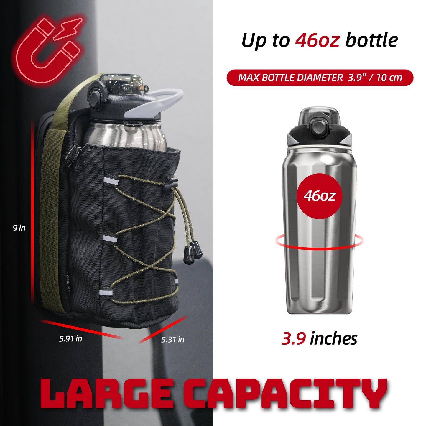 SNAPVIBE Magnetic Gym Bag - 11LB Ultra-Strong Force, with Towel Loop, 46oz Bottle Holder, Magnetic Gym Water Bottle Bag For Gym Fitness, Workout, Outdoor