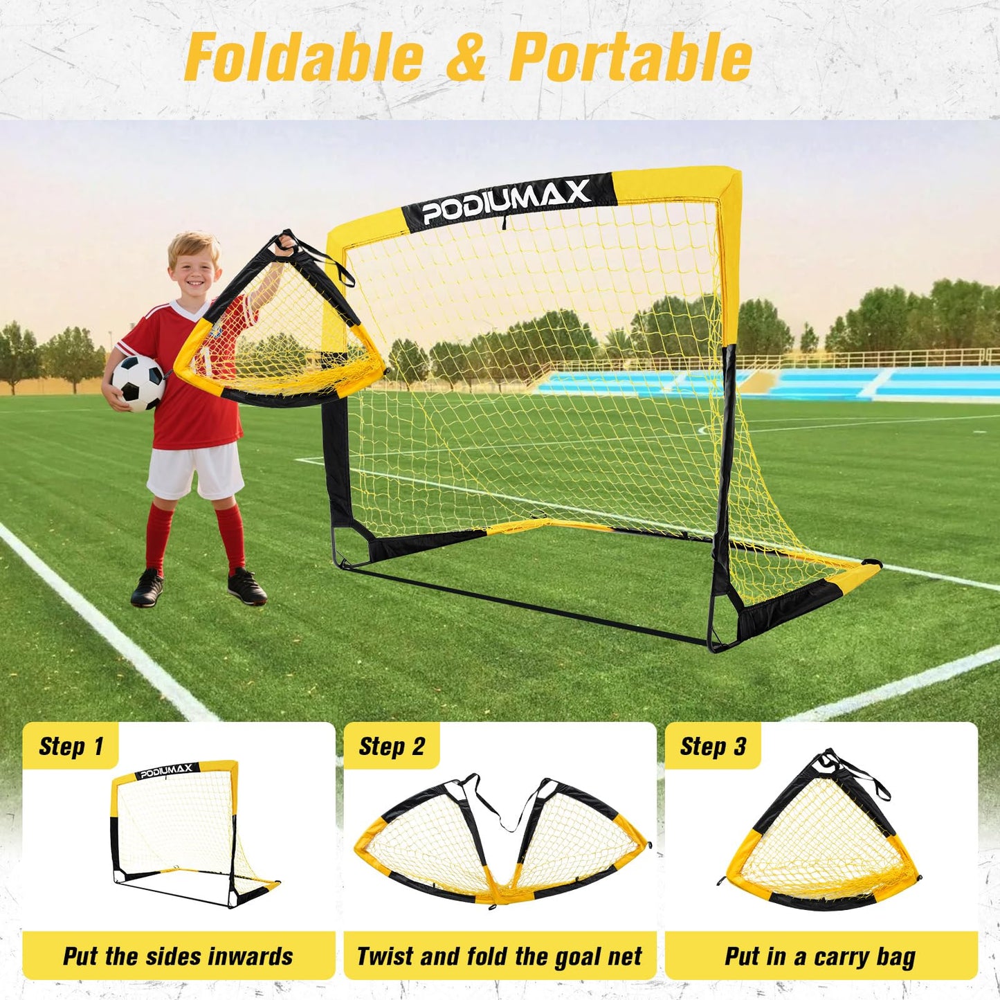 PodiuMax Kids Soccer Goal Set of 2, 4x3ft Pop up Portable Soccer Goals for Backyard, Soccer Net for Kids Age 3 4 5 6 7 8, Toddler Soccer Goal Gift with 1 Ball, 1 Target Net, 10 Cones, 2 Targets