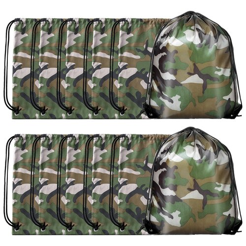 Lemecima 12 Pcs Camo Bag Drawstring Backpack Camouflage Drawstring Bags Army Cinch Camo Polyester Pack Bulk Woodland Backpack(Classic,13.4 x 16.9 Inch)