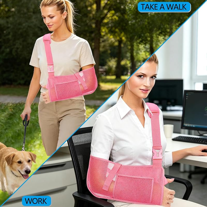 Mesh Arm Sling Shoulder Immobilizer for Rotator Cuff Injury, Reversible Left/Right, Breathable Adjustable Support (Pink, Medium)