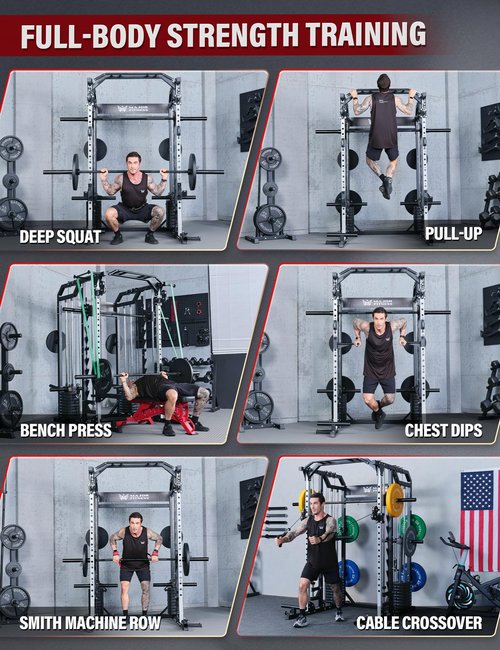 Major Fitness Smith△ Machine Drone2 Premium, All-in-One Home Gym Squat Rack with Aluminum Pulley Set , Weight Bar, Dual LAT Pull-Down Systems (SL D2AW+BK Bench+ BK 230LB)
