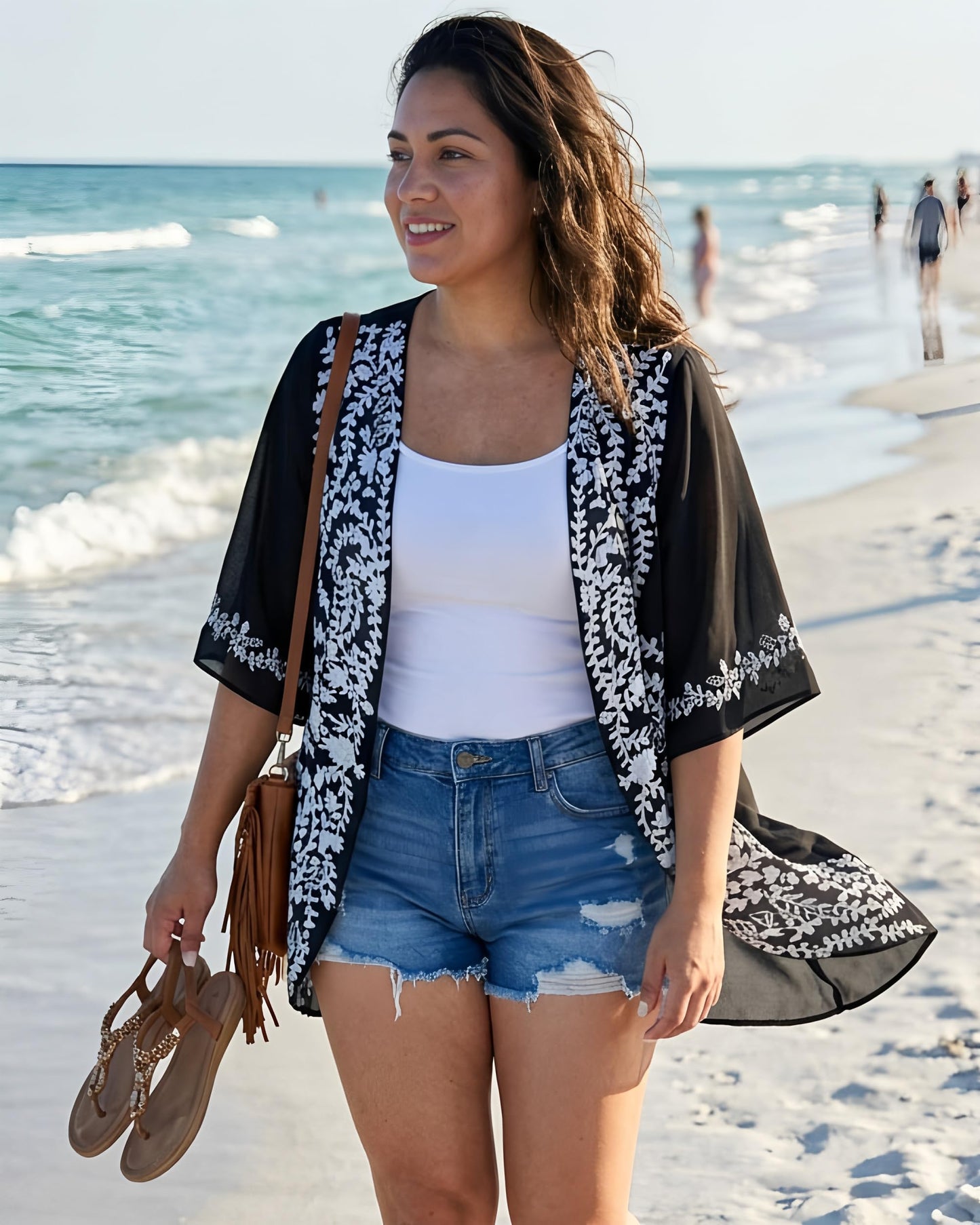 Womens Floral Kimono Cardigans Beach Cover Tops Loose Puff Sleeve Casual Blouse (C Black Flower, 3XL)