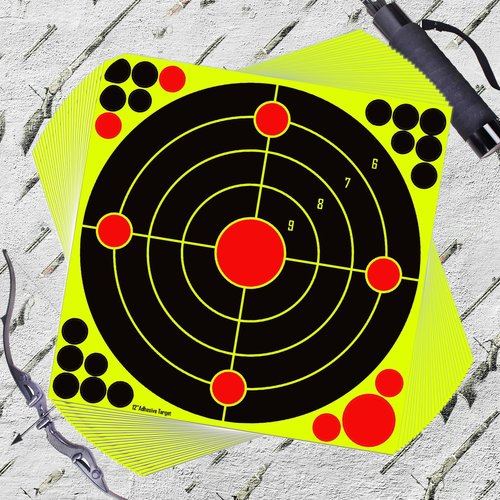 High-Visibility Splatter Adhesive Shooting Targets - Bright Fluorescent Yellow Stick-on Design for BB Guns, Airsoft, Rifles & Pistols - Indoor/Outdoor Range Use (10 Pack, 12x12 Inch)