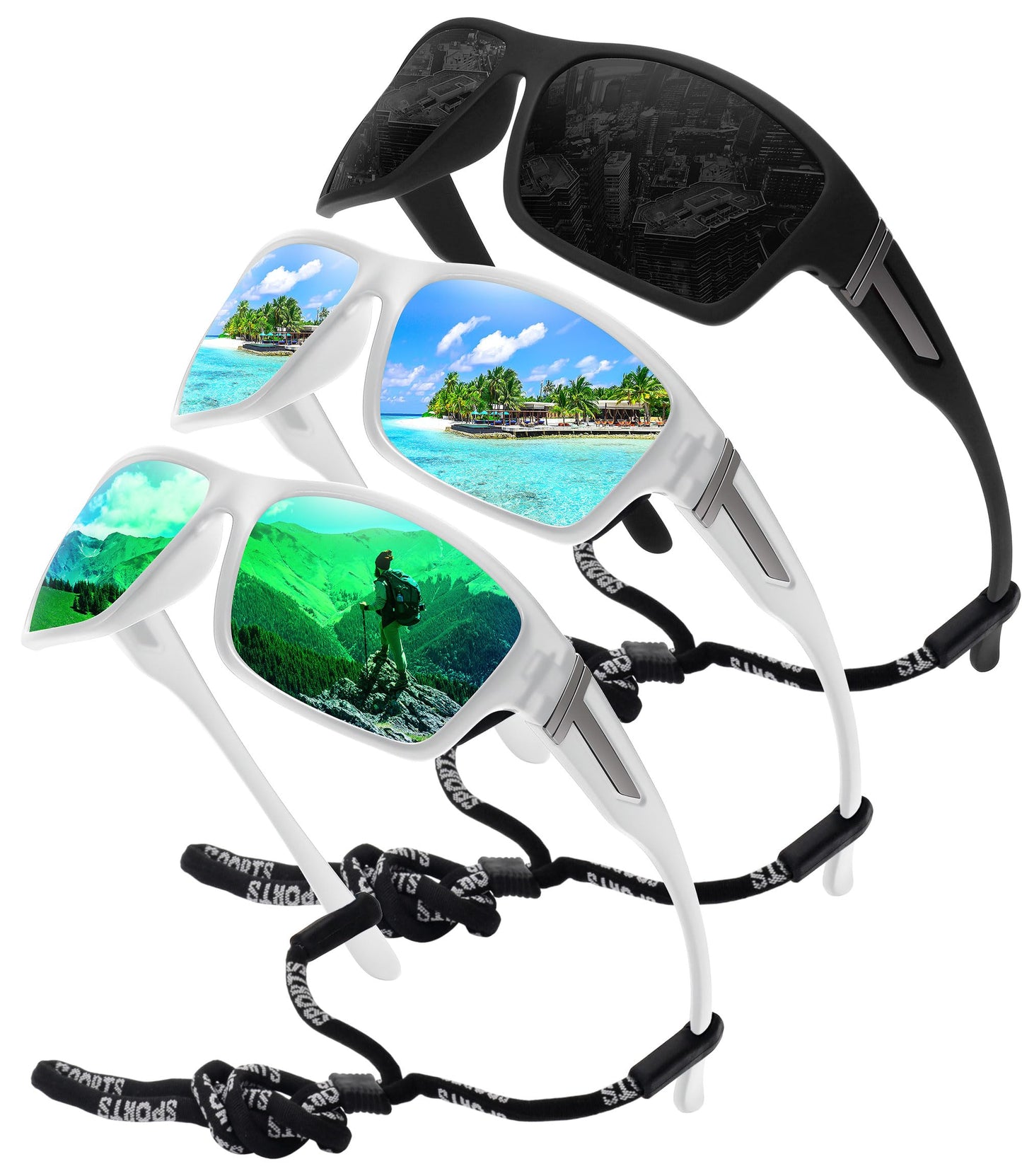 STORYCOAST Polarized Sports Sunglasses for Men Women Unbreakable Frame Cycling Fishing Driving 3Pack-Black+Clear/Blue+Clear/Green