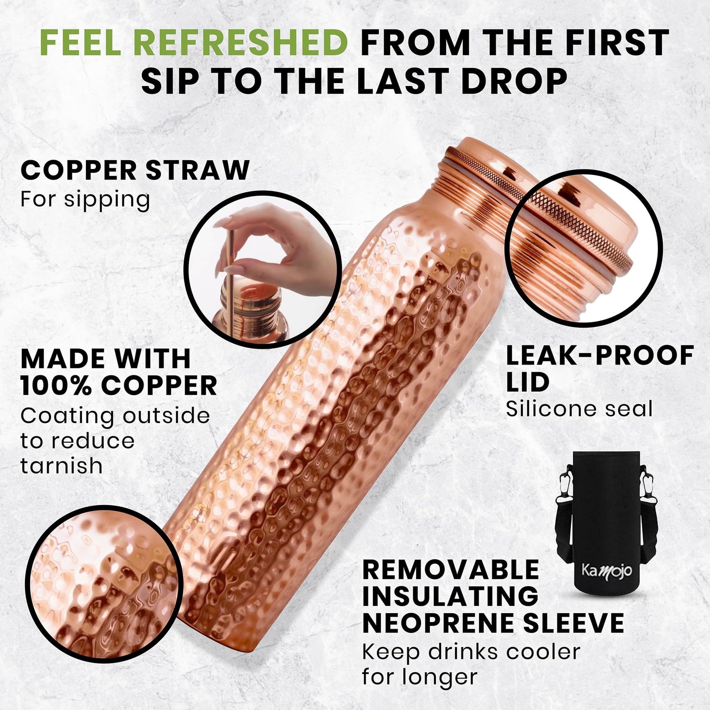 Kamojo Copper Water Bottle for Drinking - Hammered 100% Pure Copper Tumbler with Leak Proof Lid, Removable Insulating Sleeve & Straw - Handcrafted Ayurvedic Cup for Water 32 fl oz