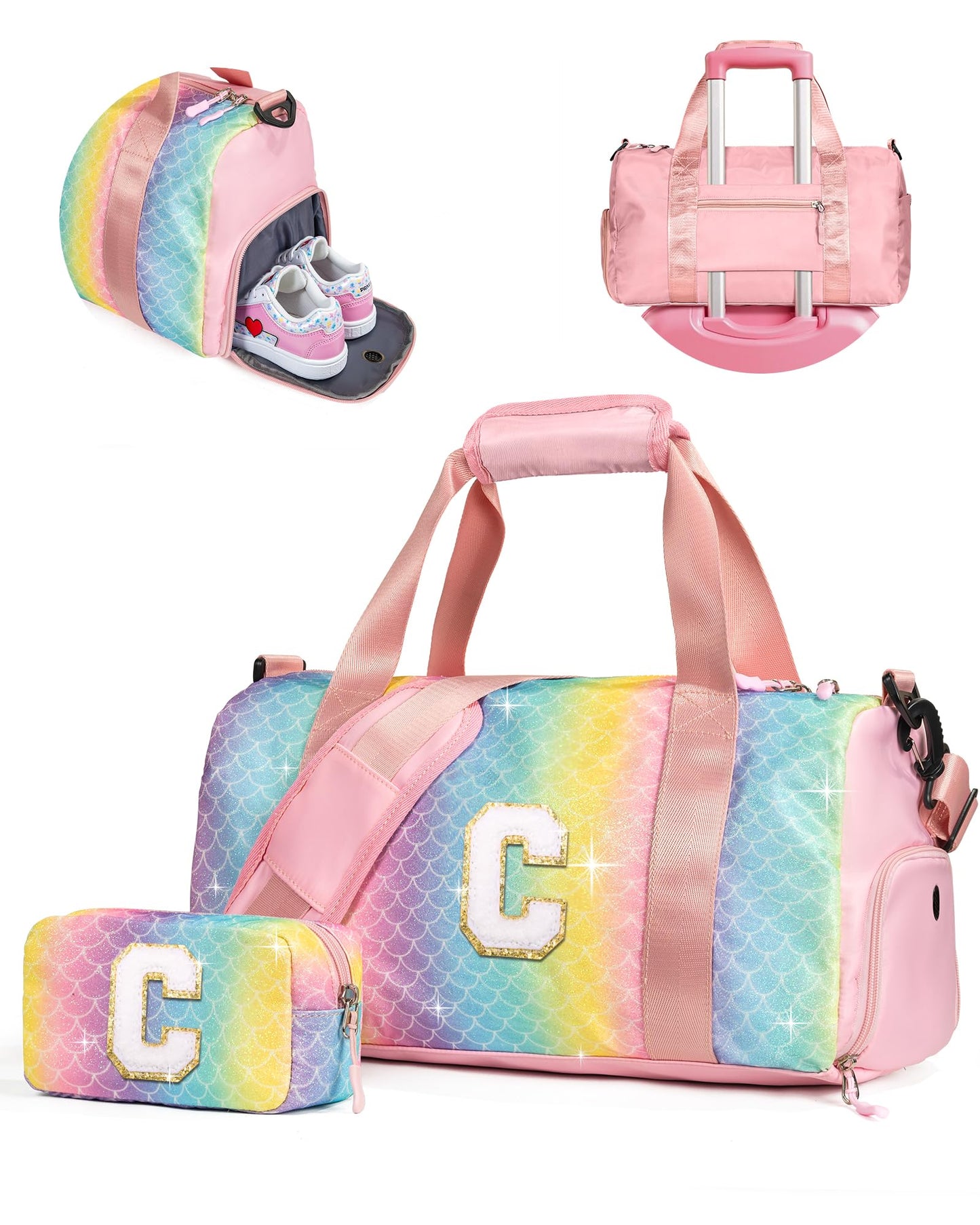 Vogewood Granddaughter Gift from Grandmom-Girl Gym Bag with Shoe Compartment, Kid Personalized Weekender Overnight Bags, Initial Travel Tote with Makeup Pouch, Easter Gifts for Teen (Letter C)