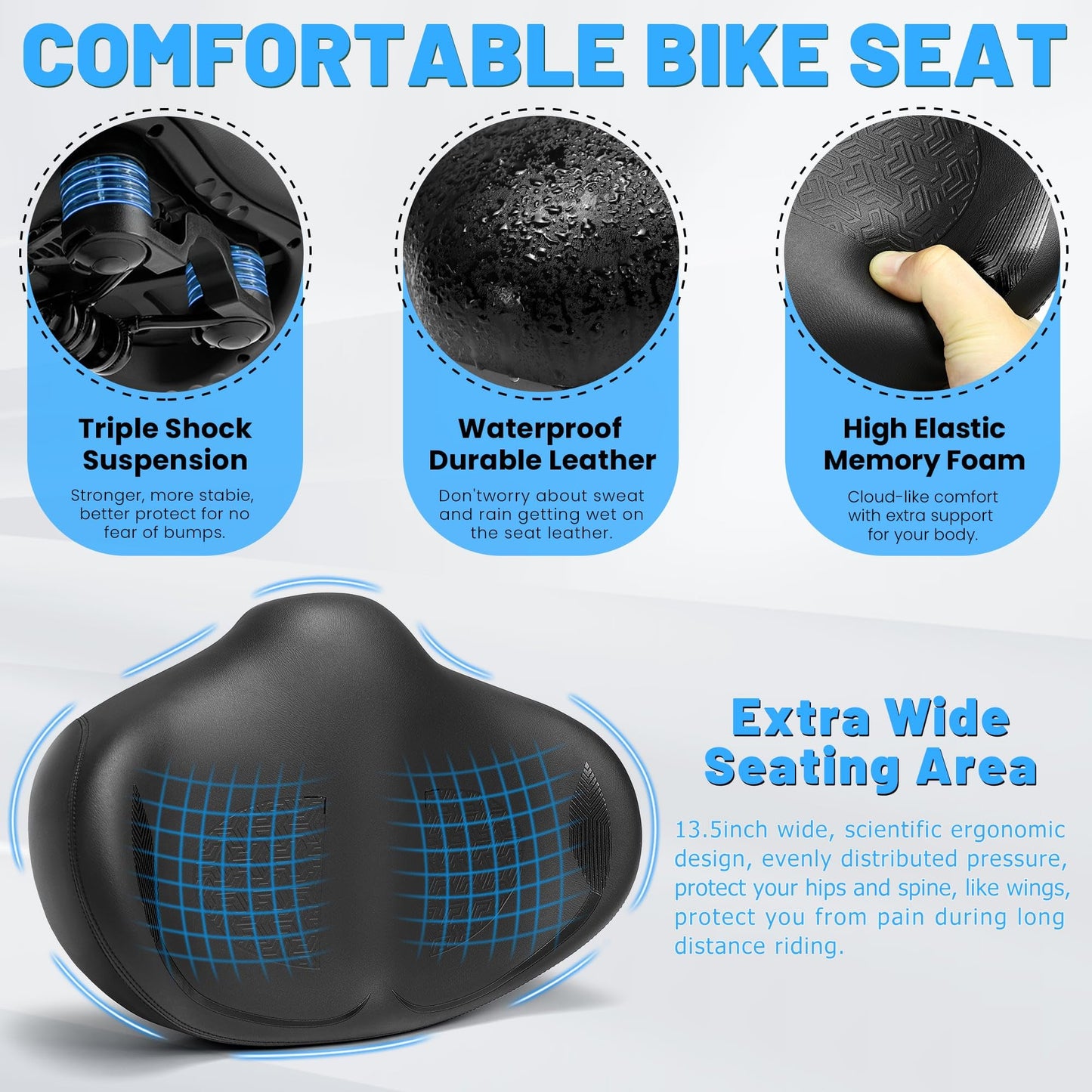 CDYWD Noseless Oversized Bike Seat for Men Women Comfort, Extra Wide Padded Bicycle Seat Cushion, Large Comfortable Bike Saddle for Peloton, Stationary Exercise Bike, Beach Cruiser, City Bike, Ebike