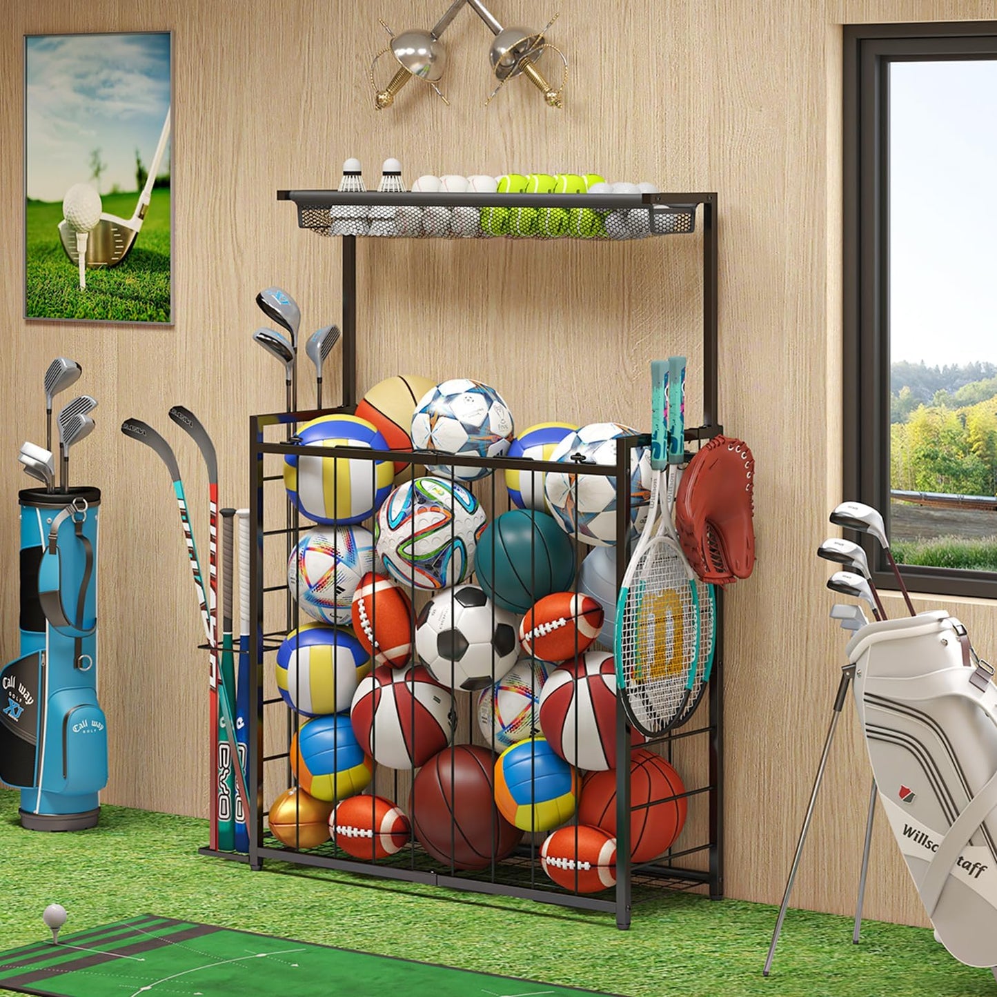 Large Sports Equipment Organizer, Garage Storage Ball Rack with Elastic Straps and 3 Hooks, Outdoor Toy Organizer Stand, Garage organization Storage Rack for Basketball, Football, Soccer, Volleyball