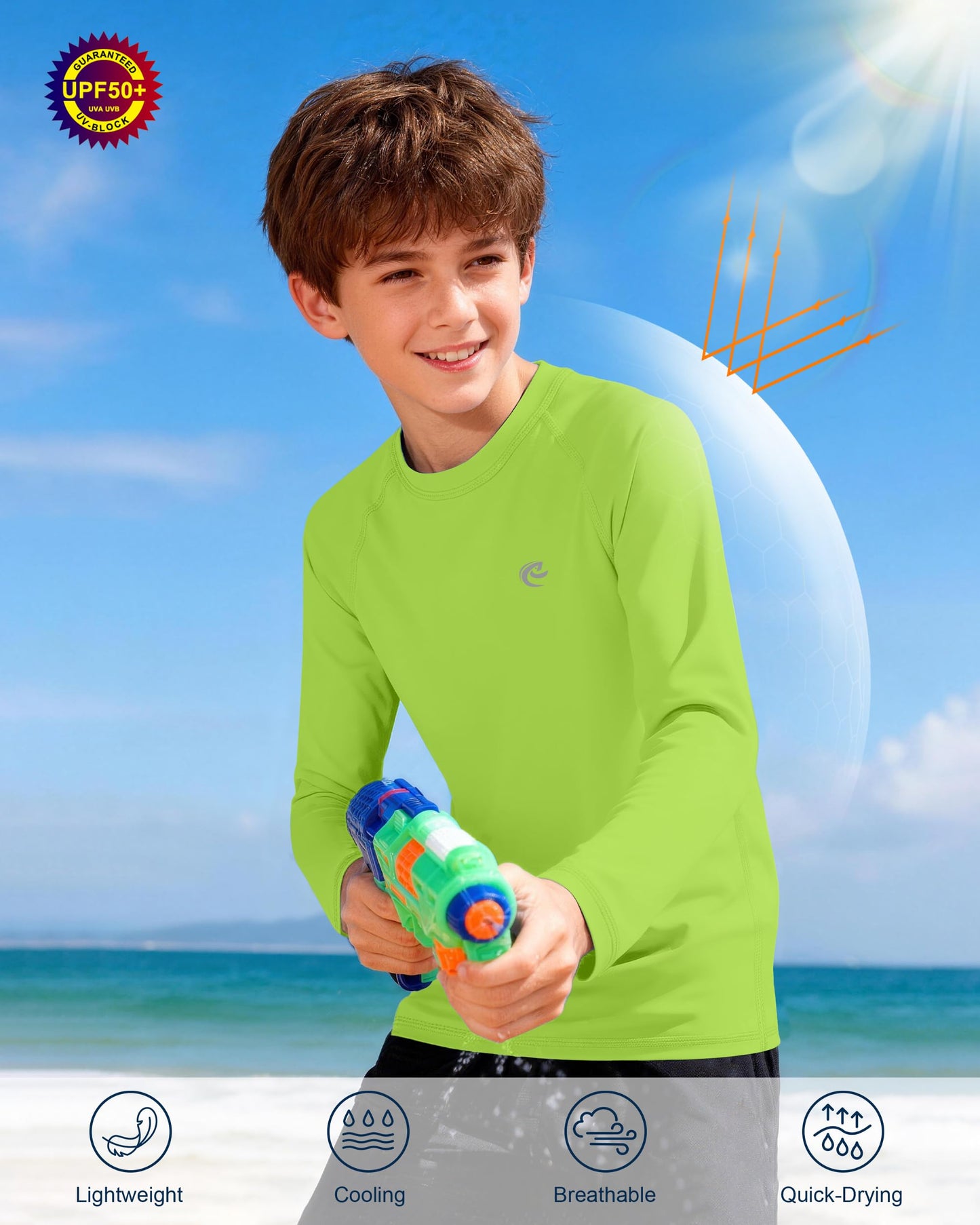Kids Fishing Sun UV Shirt, Outdoor Boys Long Sleeve Lightweight Running Swimming Rash Guard Shirts
