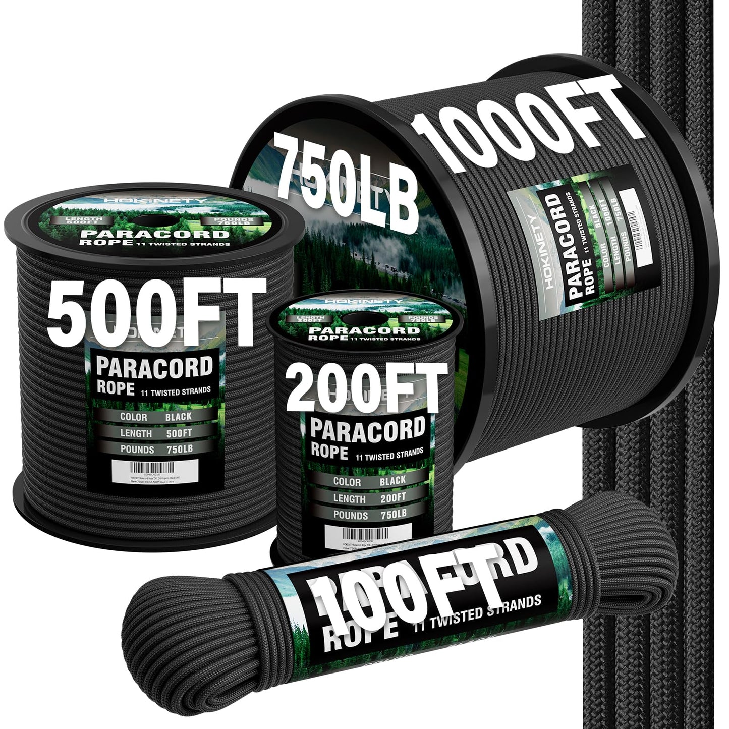 HOKINETY Paracord Rope 750 - Parachute para Cord 4mm 11 Strand Spool Rope Utility Nylon String for Outdoor Camping Survival Utility Tent Crafting DIY Projects - Black 100ft
