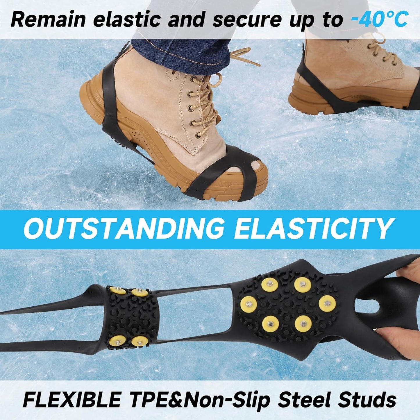 Ice Cleats for Boots Shoes, Ice Shoe Grips Anti Slip for Men Women, Rubber Snow Cleats, Spikes Crampons for Hiking Boots and Shoes + 10 Extra Replacement Studs (S, M, L, XL)
