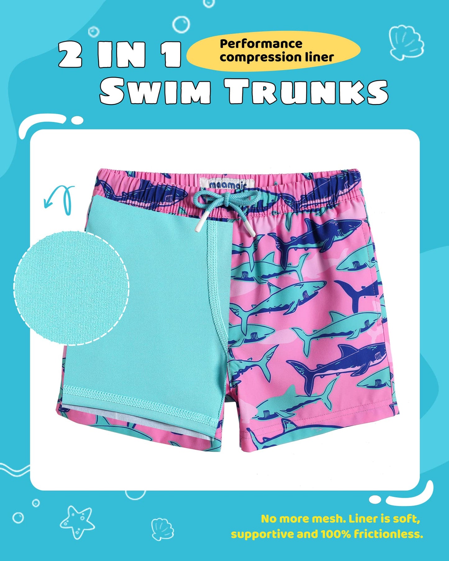 maamgic Boys Swim Trunks with Compression Liner Toddler Stretch Swim Shorts Quick Dry Swimming Trunks Boxer Brief 2 in 1 Beach Shorts Pink Blue Shark 14/16