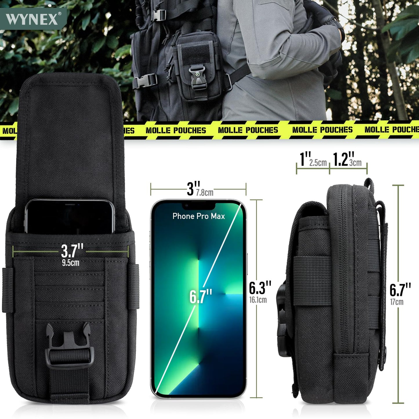 WYNEX Tactical Compass Phone Pouch, Large Molle Smartphone Holster Case Double Capacity Small Utility EDC Pouch with Compass Buckle and Carabiner