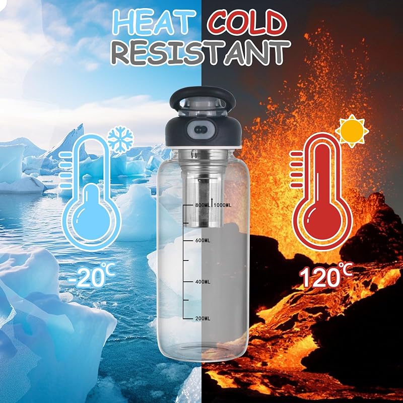 34 Oz Glass Water Bottle with Infuser, Time Mark, SUS Tea Strainer, BPA Free – Large Capacity