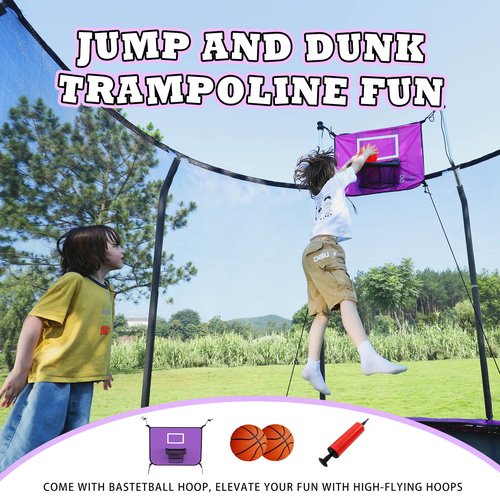 ACWARM HOME 14 FT Trampoline for Kids and Adults, Trampolines with Basketball Hoop and LED Lights,Trampoline Outdoor with Net, ASTM Approved, Purple