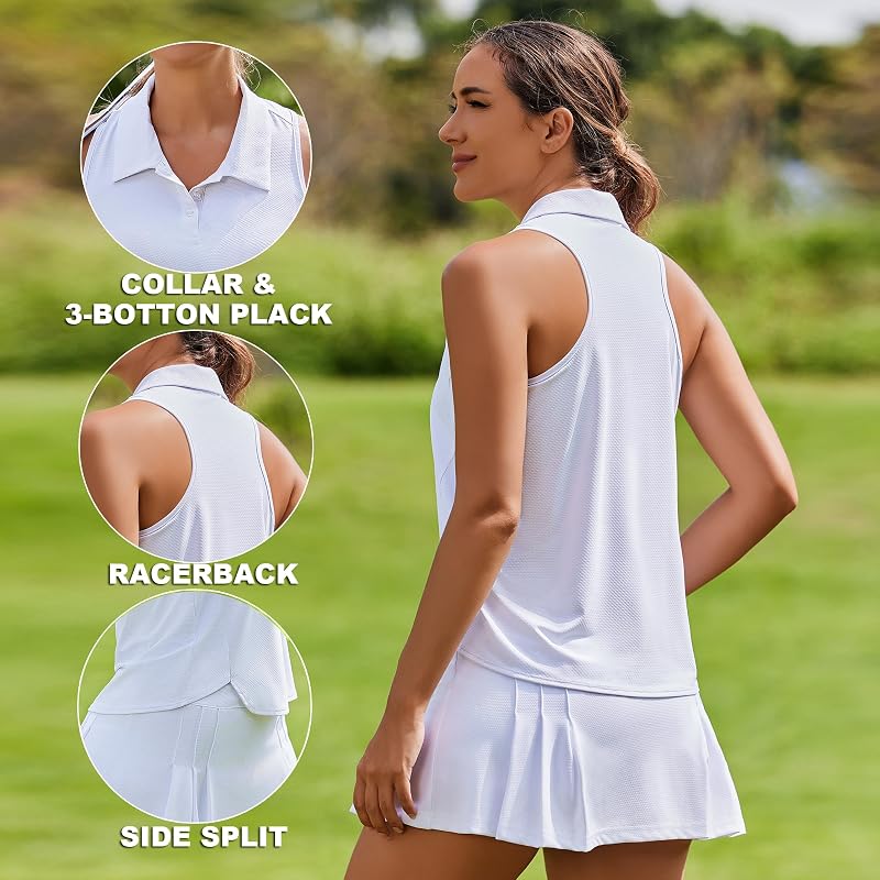 PINSPARK Women’s Golf Shirt Racerback UPF 50+ with Collar - White, Medium
