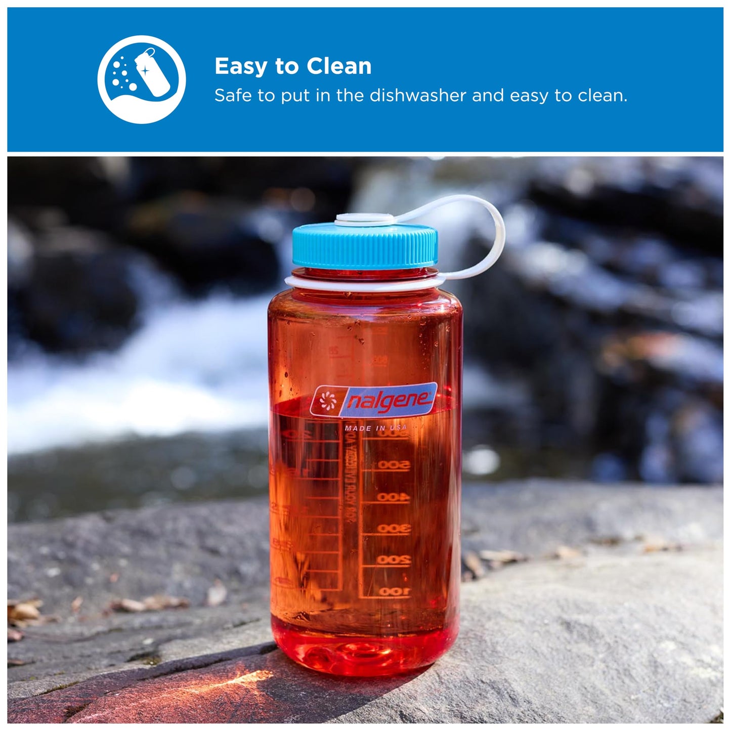 Nalgene 32 oz Wide Mouth Water Bottle | BPA-Free, Durable & Leak Proof, Lightweight for Hiking, Work & Gym – Thrill & Motion, Flame w/Blue Atoll