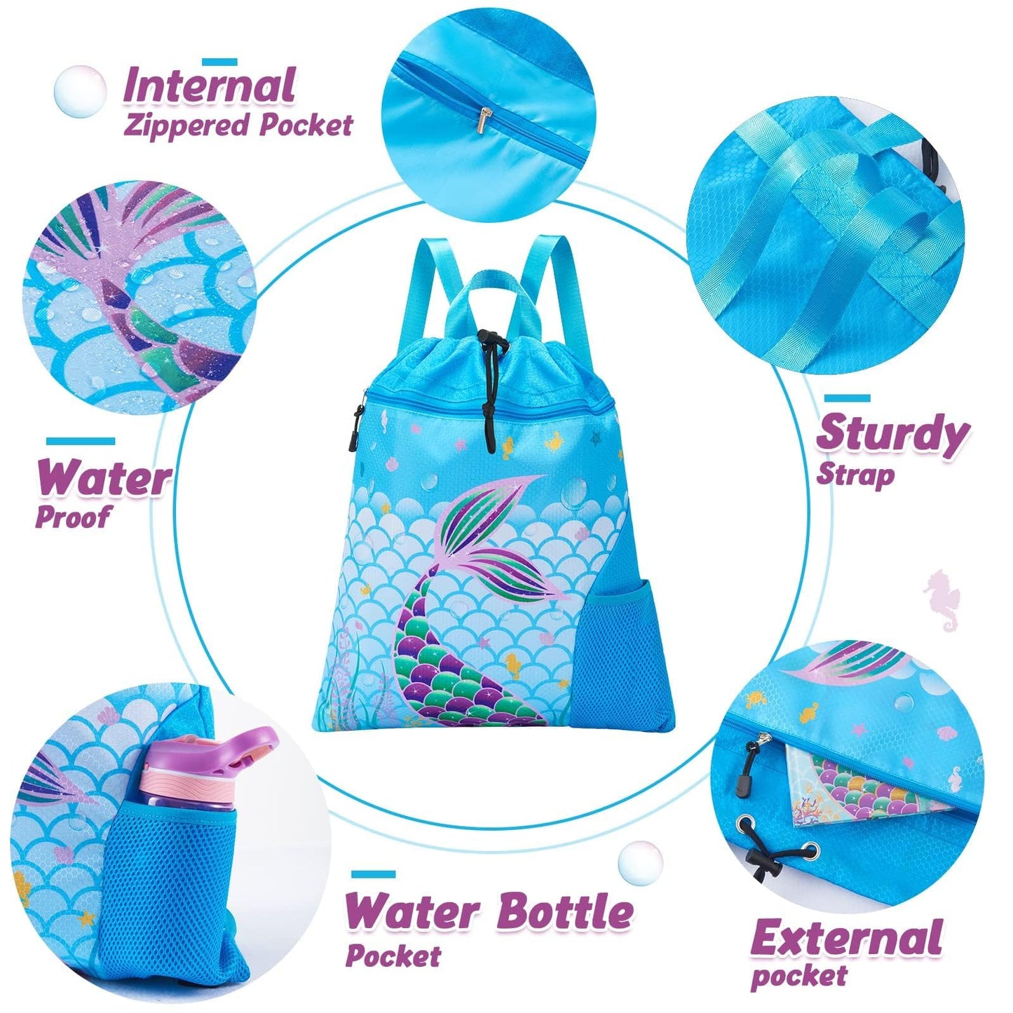 WAWSAM Drawstring Backpack for Kids, 15” × 17” Mermaid Gym Bag Cinch Bag for Girls Kids Waterproof Swim Beach Bag, Back to School Birthday Gift with Zippered Pocket and Bottle Pocket