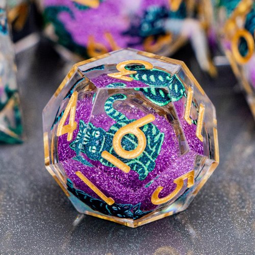 OGCOPHEN DND Cat Dice 7PCS Polyhedral Sharp Edge Dice Set with Gift Case for Dungeons Dragons Role Playing Game, RPG Resin D and D Dice D6 D8 D10 D12 D20 D% (Gold Purple)